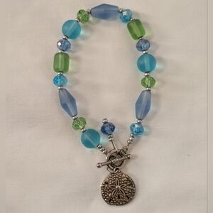 Blue & Green Sea Glass Bead Silver Tone Toggle Bracelet w/ Sand Dollar Charm 8"L